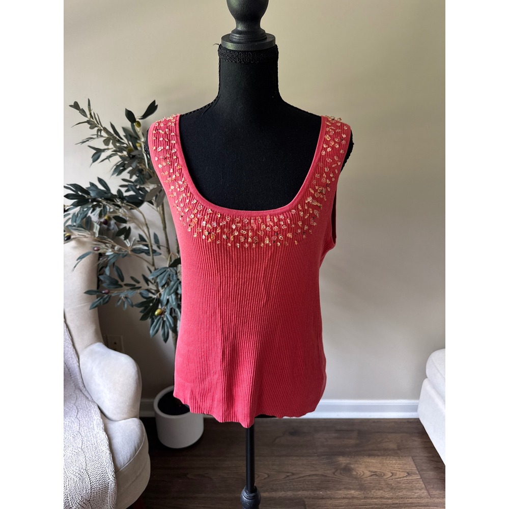 Nine & Company Nine West Coral Pink Silk Cotton Ribbed Beaded Knit Tank Top L
